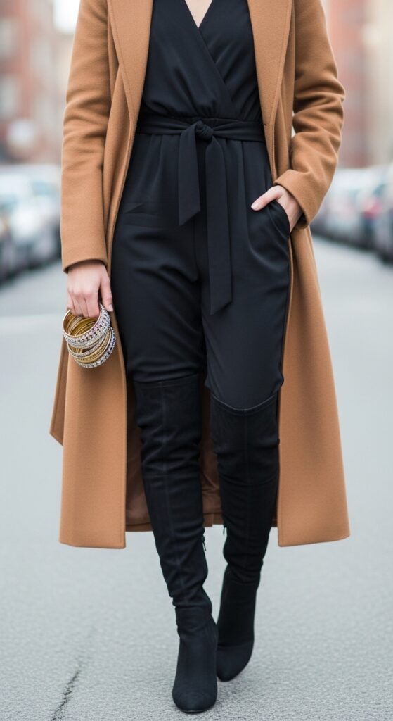 16 Trendy Knee-High Boot Outfits to Shine in Any Setting 15 Jumpsuit and Long Coat