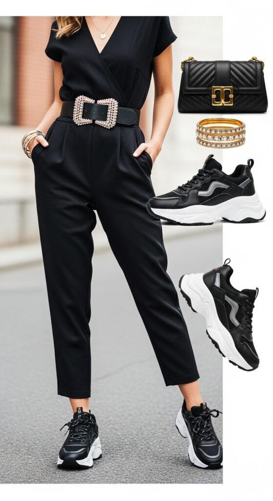 20 Bold Chunky Sneaker Outfits for a Standout Look 17 Jumpsuit and Statement Belt