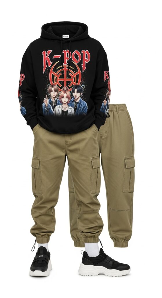 K-pop Graphic Hoodie and Cargo Pants