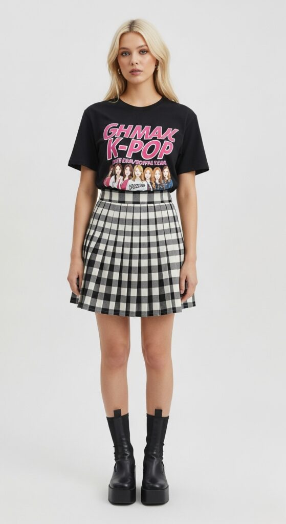 K-pop Inspired Pleated Skirt and T-shirt