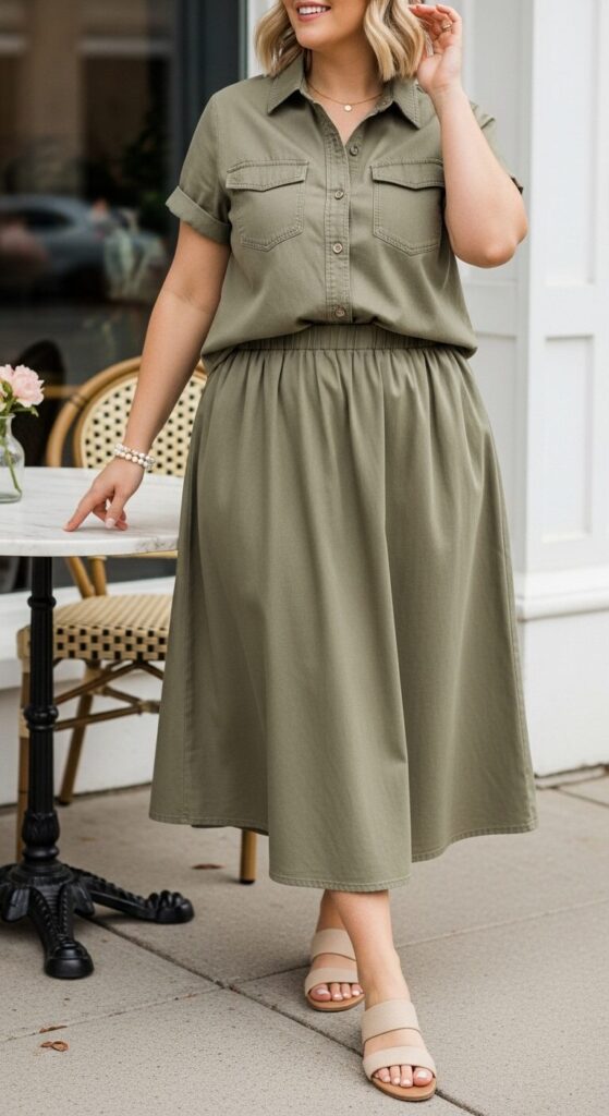 Khaki Chambray Skirt Set for Weekend Brunch Vibes