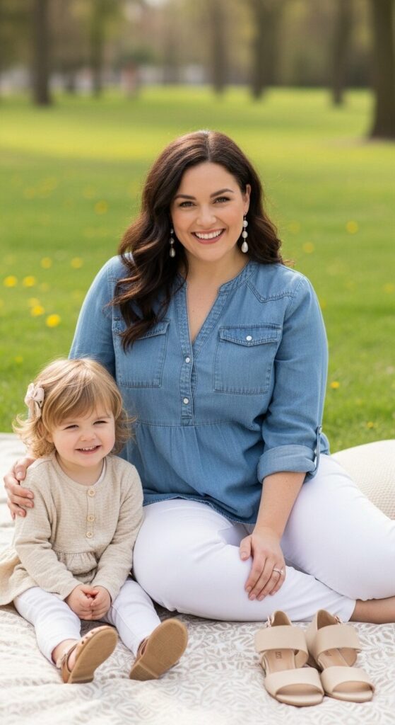 Khaki Chambray Top and Trousers for Family Picnics
