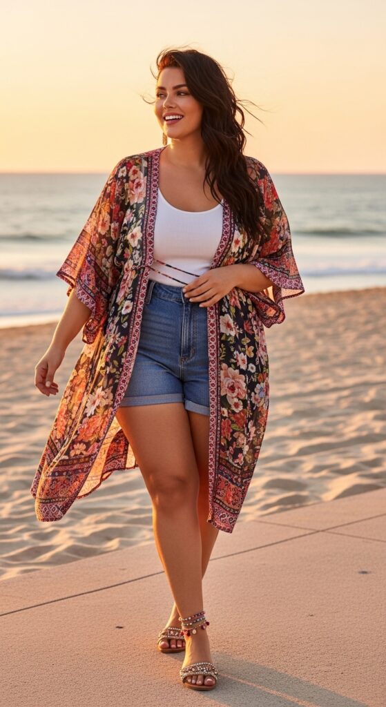 10 Gorgeous Plus-Size Summer Holiday Outfits Curvy Women Will Love 11 Kimono and Denim Shorts