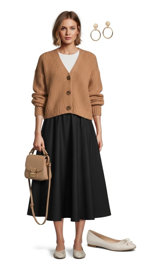 20 Stylish Flat Shoe Outfits to Inspire Your Wardrobe 6 Knit Cardigan and A-Line Skirt