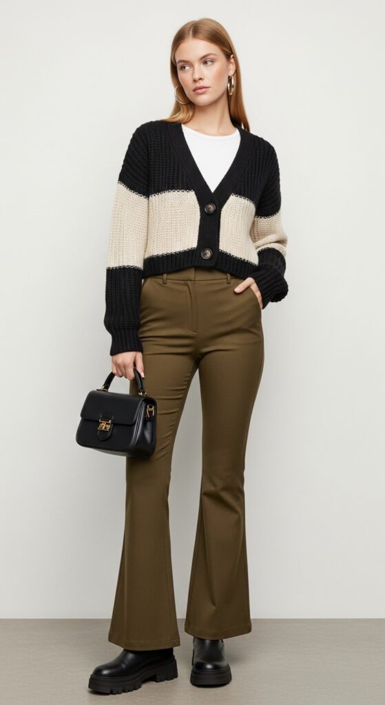 15 Chic Flare Pants Outfits to Elevate Your Wardrobe with Chic Season Style 17 Knit Cardigan and Chunky Boots