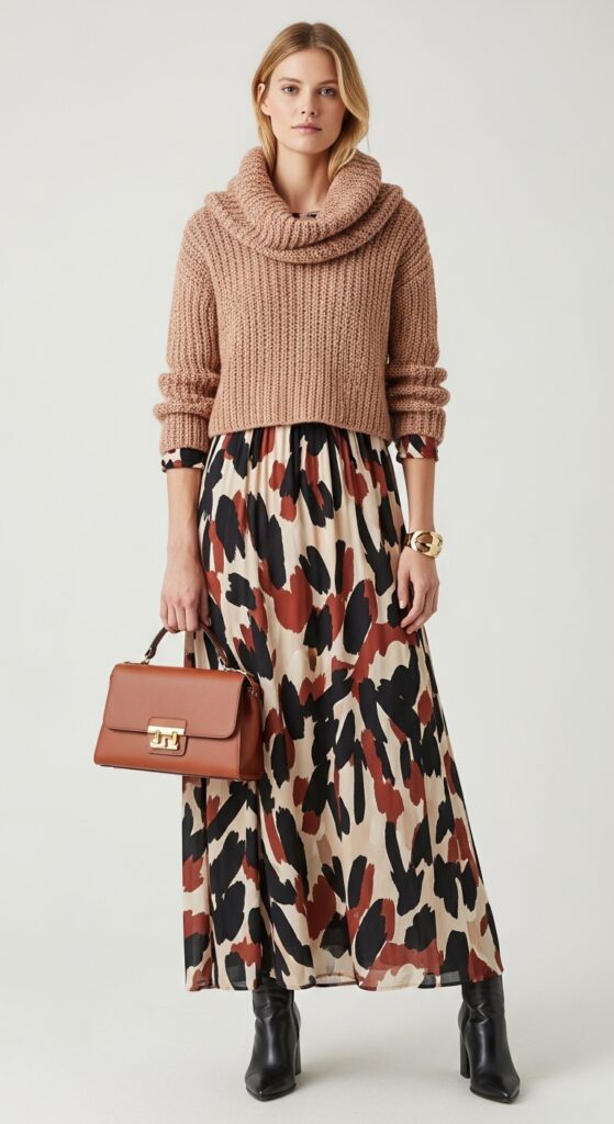 22 Chic Knitted Sweater Outfit Ideas You Need to Try 22 Knit Sweater + Abstract Print Maxi Dress