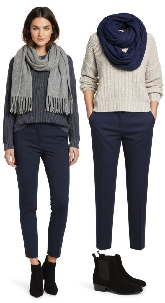 15 Stylish Navy Pants Outfits for Effortless Elegance 4 Knit Sweater and Ankle Boots