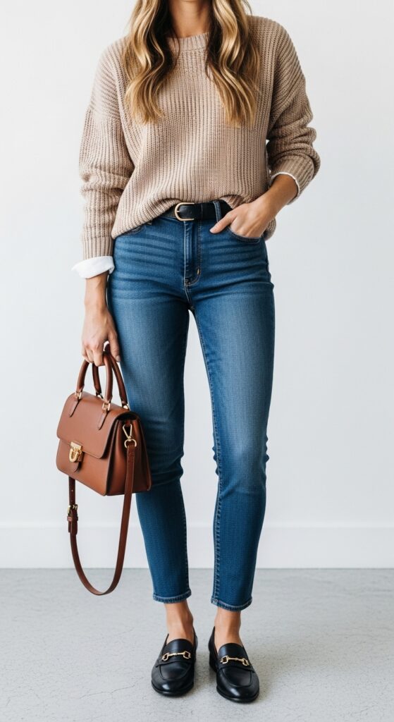8 Stylish Outfits to Pair with Dark Wash Jeans for a Bold Look 5 Knit Sweater and Loafers