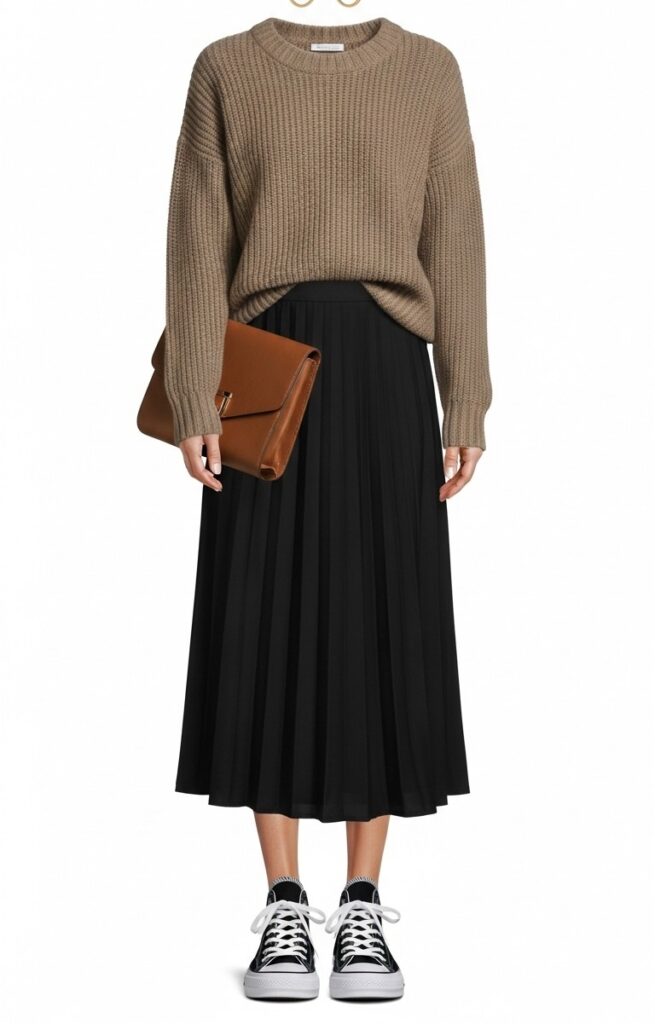 24 Trendy Converse Sneaker Outfits for Every Vibe 5 Knit Sweater and Midi Skirt