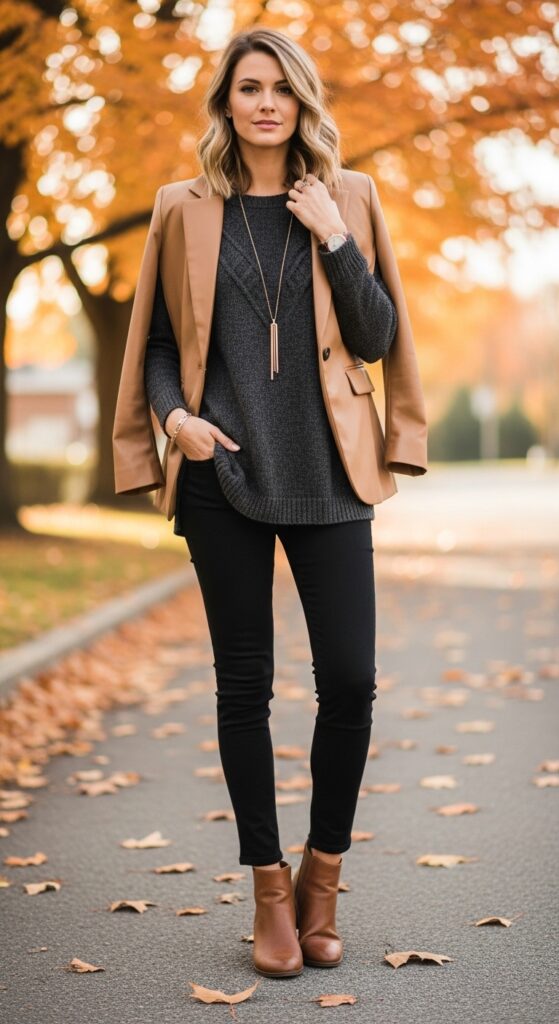 10 Chic Camel Blazer Outfits to Transform Your Wardrobe with Chic Season Style 6 Knit Top and Ankle Boots for Fall Day