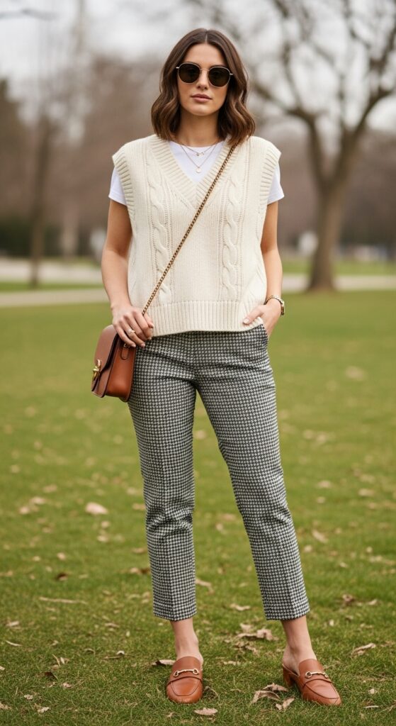 15 Chic Houndstooth Pants Outfits to Rock This Season with Chic Season Style 12 Knit Vest and Mules for Transitional Days