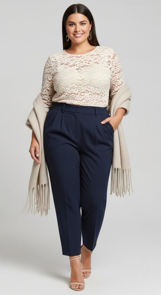 Lace Top, High-Waisted Pants, and a Cozy Stole