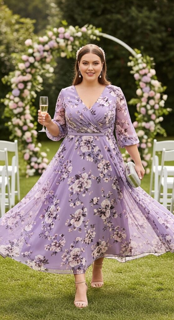 12 Plus Size Floral Chiffon Spring Wedding Guest Dresses 3 Lavender Floral Chiffon Dress for Garden Ceremonies