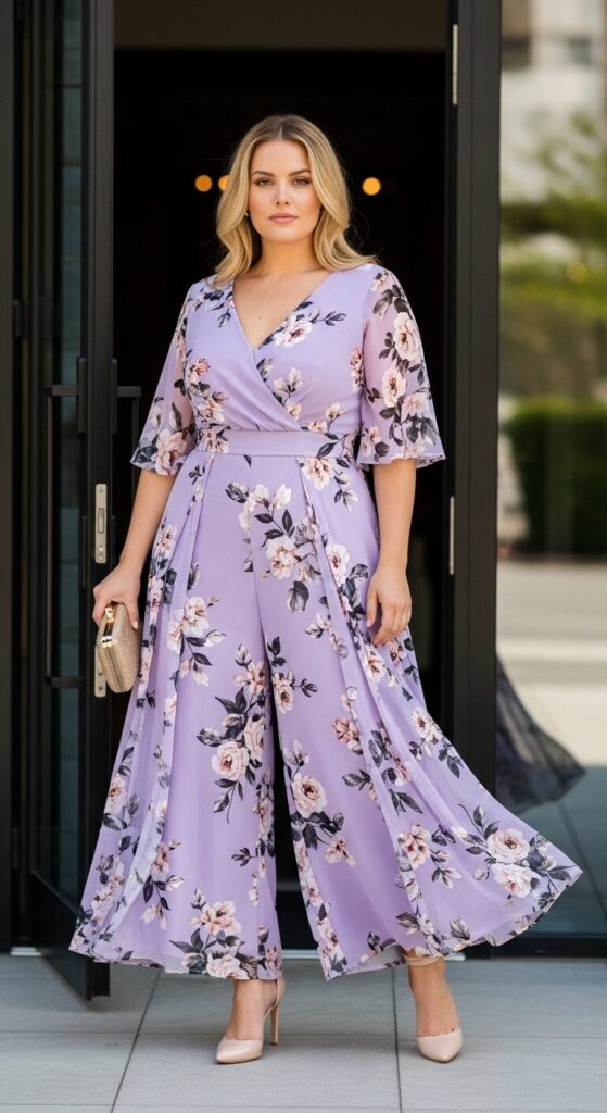 12 Plus Size Floral Chiffon Spring Wedding Guest Dresses 9 Lavender Floral Chiffon Jumpsuit for Modern Ceremonies