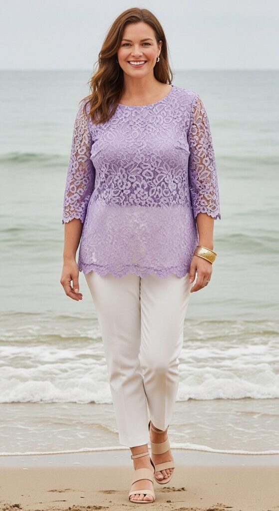 Lavender Lace Overlay Top and Trousers for Beach Weddings