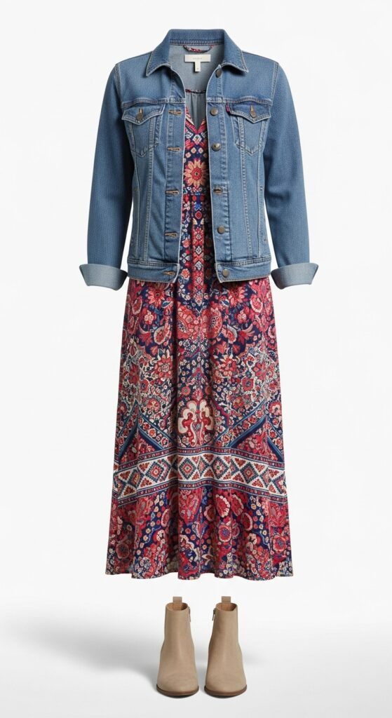 18 Chic and Fresh Jean Jacket Outfits to Elevate Your Wardrobe 4 Layered Over a Bold Print Dress