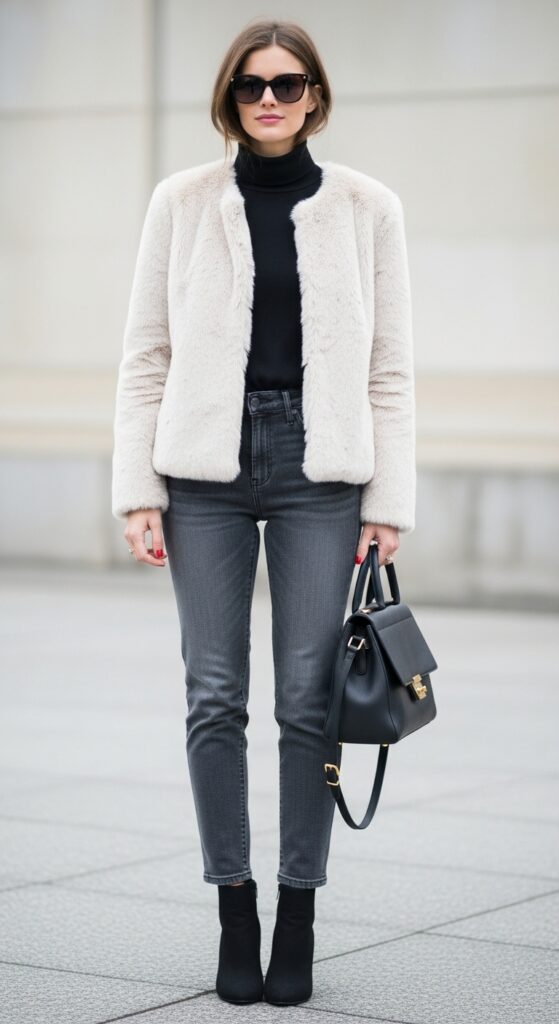 30 Stylish Winter Outfits for Women That Keep You Warm and Fashion-Forward 3 Layered Perfection Turtleneck & Faux Fur Jacket