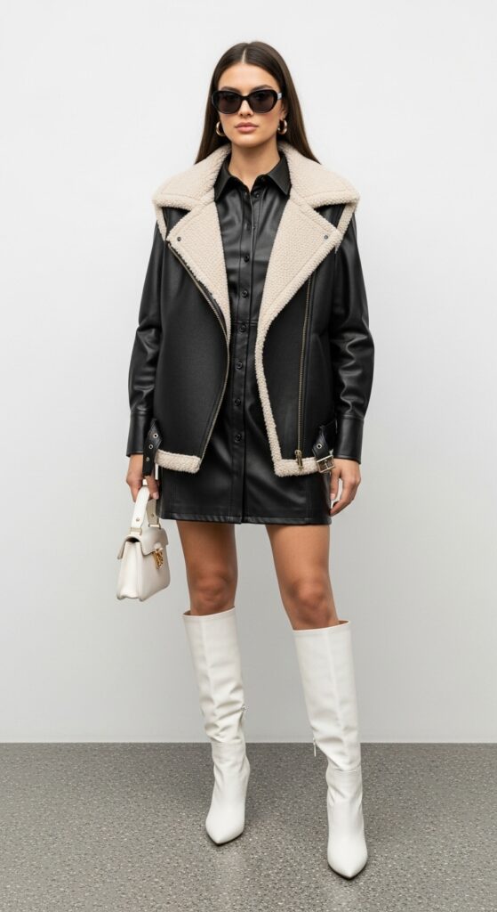 Leather Dress, Shearling Vest, Button-Up & Knee-High Boots