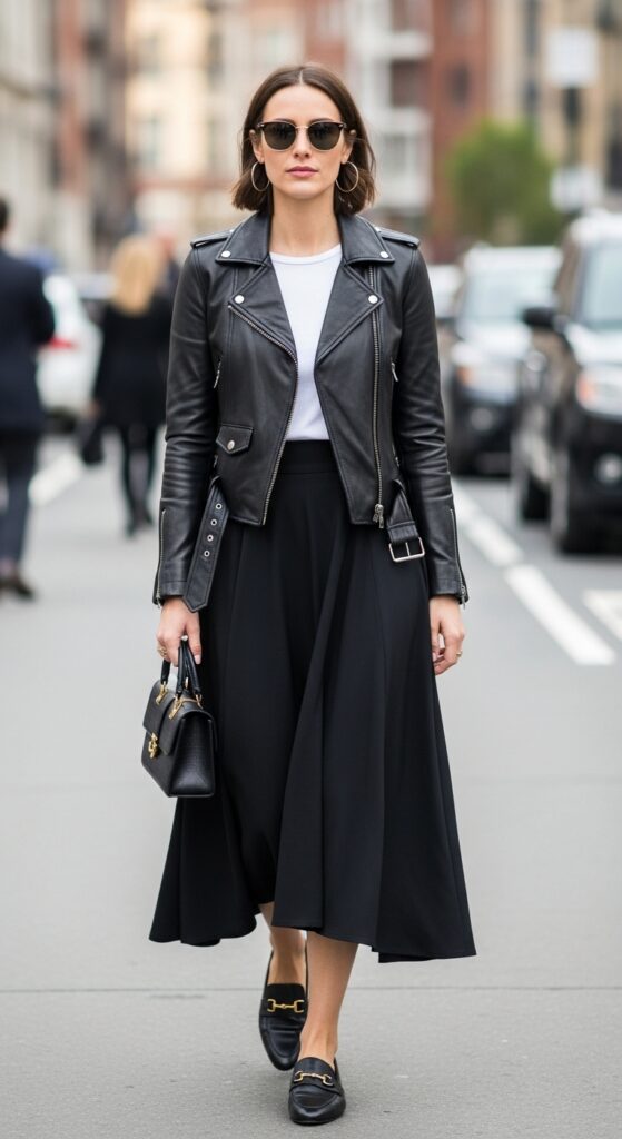 23 Stylish Loafer Outfits for Effortless Elegance 11 Leather Jacket and A-Line Skirt