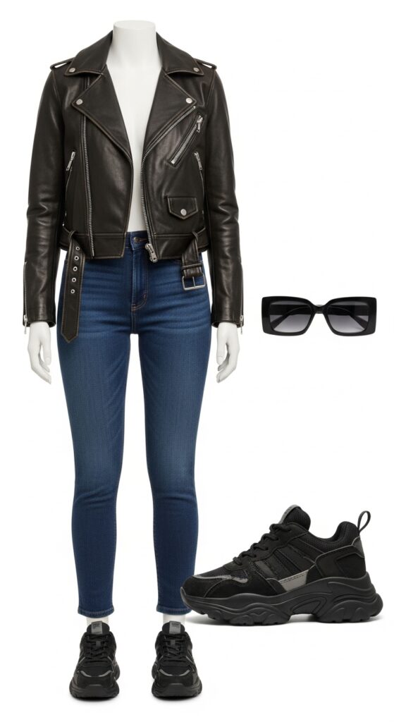 8 Stylish Outfits to Pair with Dark Wash Jeans for a Bold Look 4 Leather Jacket and Chunky Sneakers