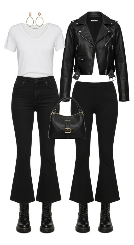 15 Chic Flare Pants Outfits to Elevate Your Wardrobe with Chic Season Style 8 Leather Jacket and Combat Boots