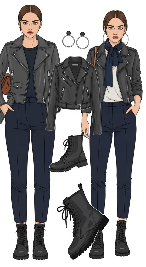 15 Stylish Navy Pants Outfits for Effortless Elegance 8 Leather Jacket and Combat Boots