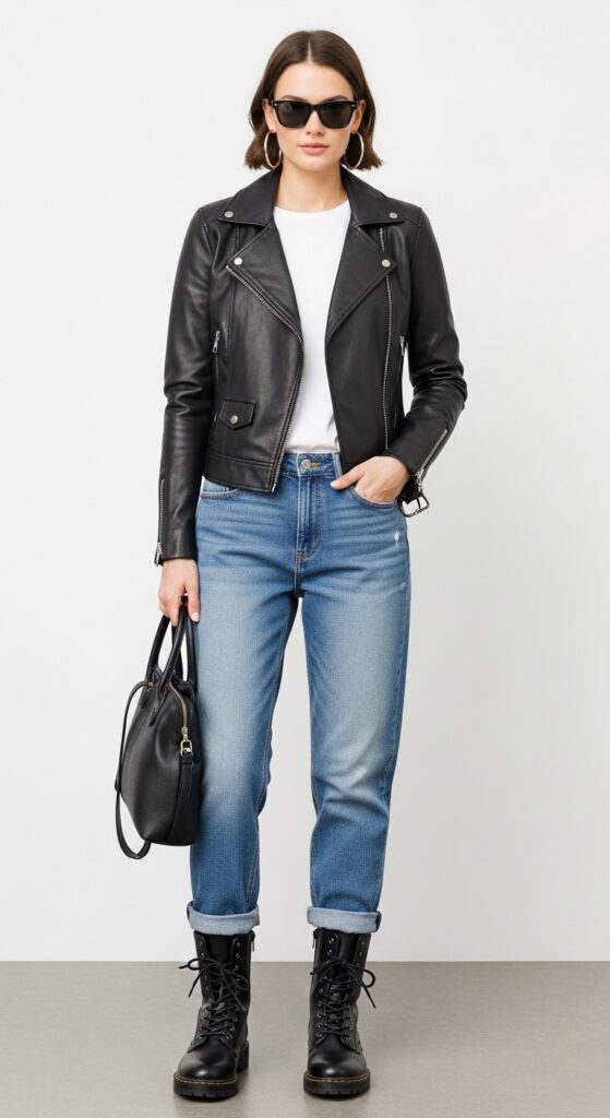 14 Trendy Boyfriend Jeans Outfits for Pinterest-Perfect Style 7 Leather Jacket and Combat Boots
