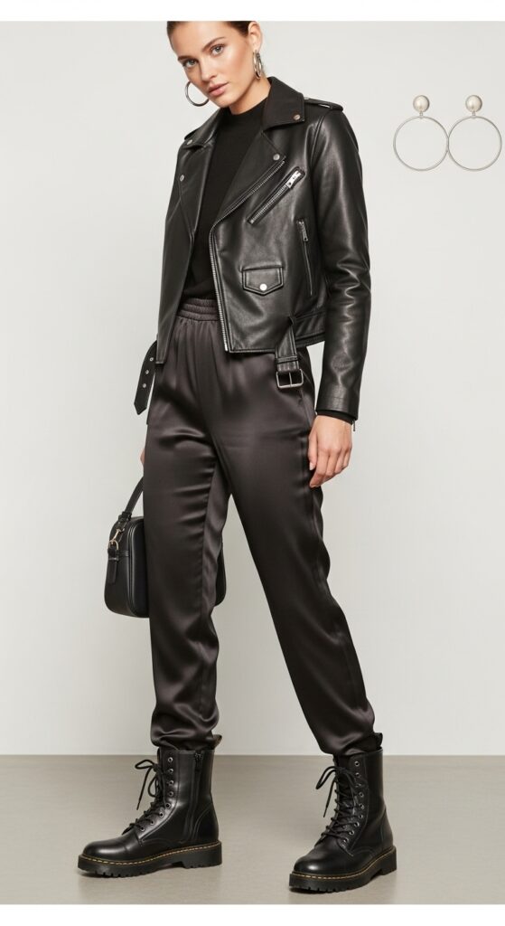 12 Glamorous Satin Pants Outfits for Timeless Style with Chic Season Style 8 Leather Jacket and Combat Boots