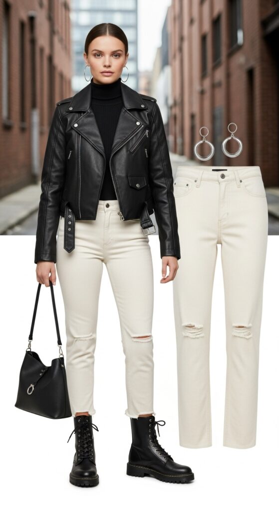 10 Chic Cream Jeans Outfits to Inspire Your Wardrobe with Chic Season Style 7 Leather Jacket and Combat Boots for Edge