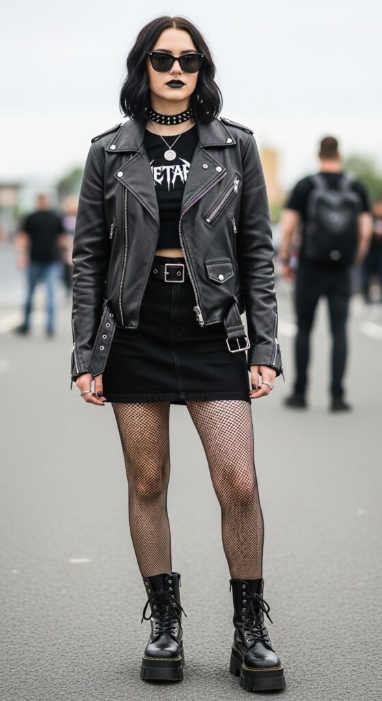 Metal Concert Outfit Ideas 7 Leather Jacket and Mini Skirt