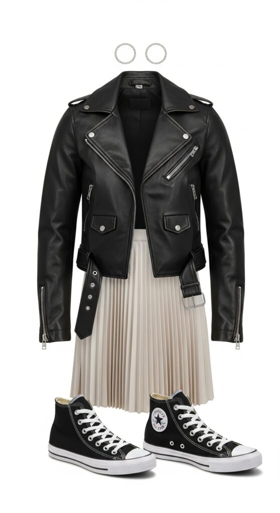24 Trendy Converse Sneaker Outfits for Every Vibe 11 Leather Jacket and Pleated Skirt