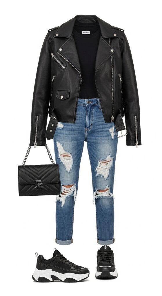 20 Bold Chunky Sneaker Outfits for a Standout Look 2 Leather Jacket and Ripped Jeans