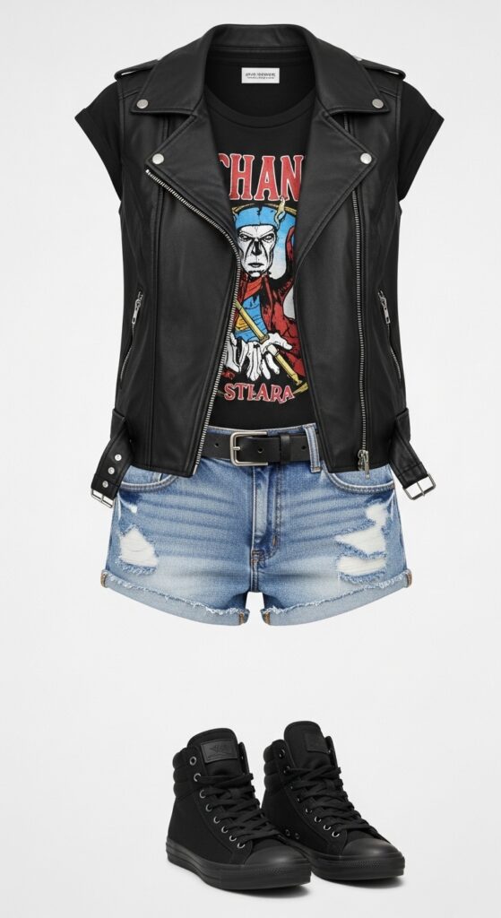21 Stylish Denim Shorts Outfit Ideas 15 Leather Vest and High-Tops