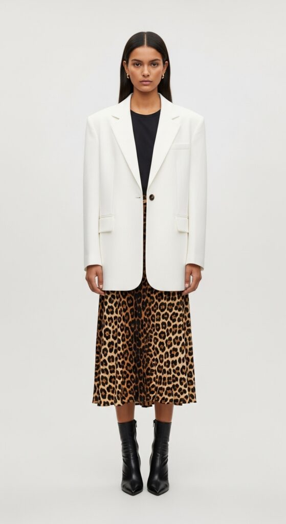 20 Chic White Blazer Outfits to Elevate Your Style 5 Leopard Midi Skirt and Oversized White Blazer