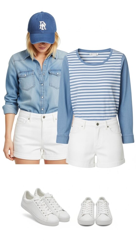 22 Stylish White Shorts Outfit Ideas You’ll Love This Summer 24 Light Blue Denim Shirt and White Shorts