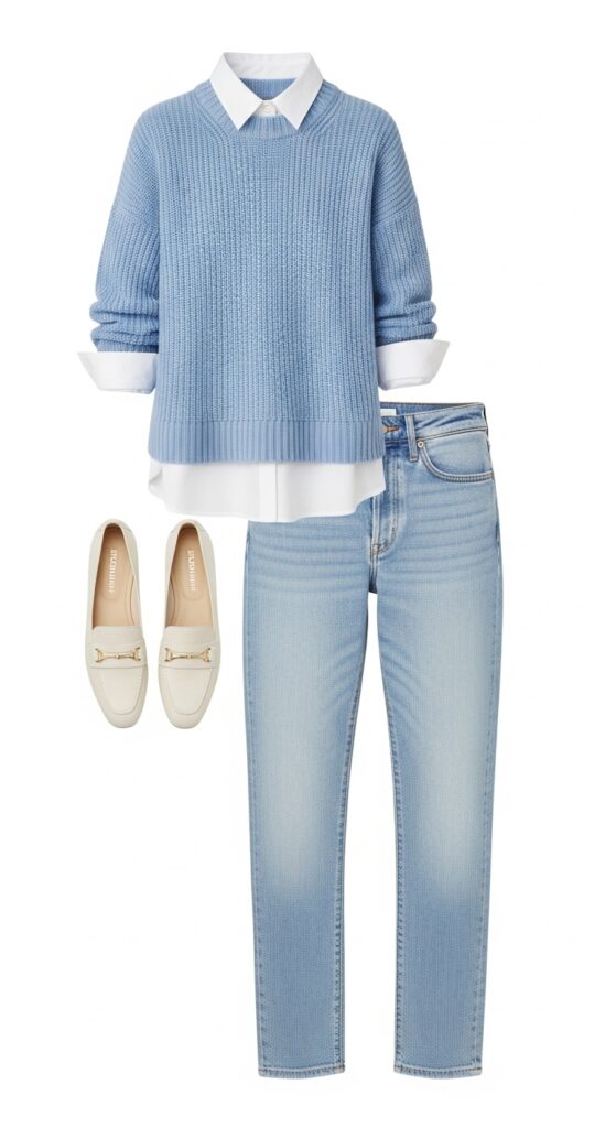 22 Chic Knitted Sweater Outfit Ideas You Need to Try 5 Light Blue Sweater + Light-Wash Jeans