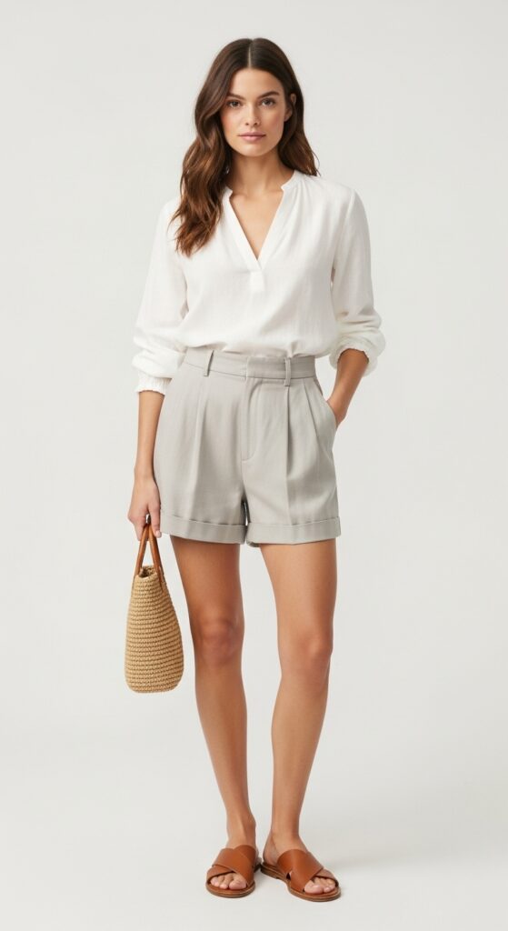Linen Blouse and High-Waisted Shorts