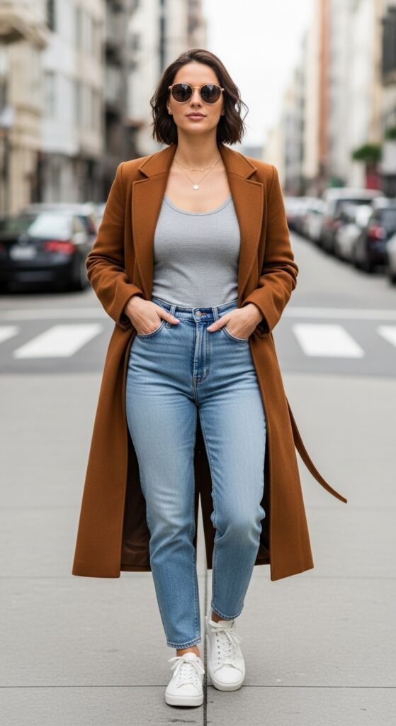 Long Coat and Light Wash Jeans