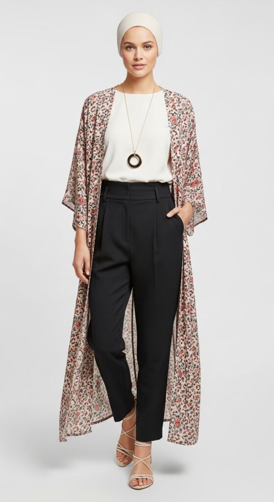 Long Kimono and High-Waisted Pants