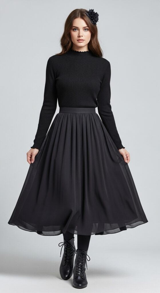 Long-Sleeve Mock Neck and Midi Skirt