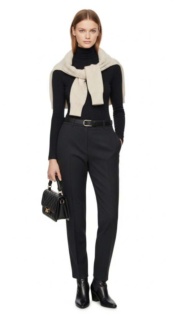 22 Chic Knitted Sweater Outfit Ideas You Need to Try 19 Long Sleeve Top + Sweater Tied Over Shoulder + Tailored Pants
