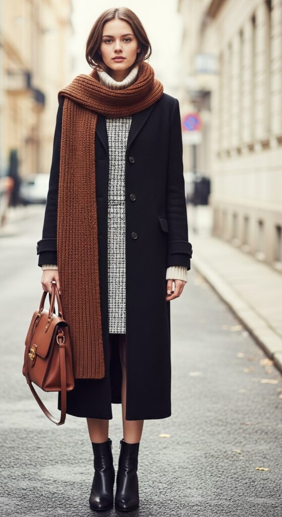Long Wool Coat and Knit Scarf