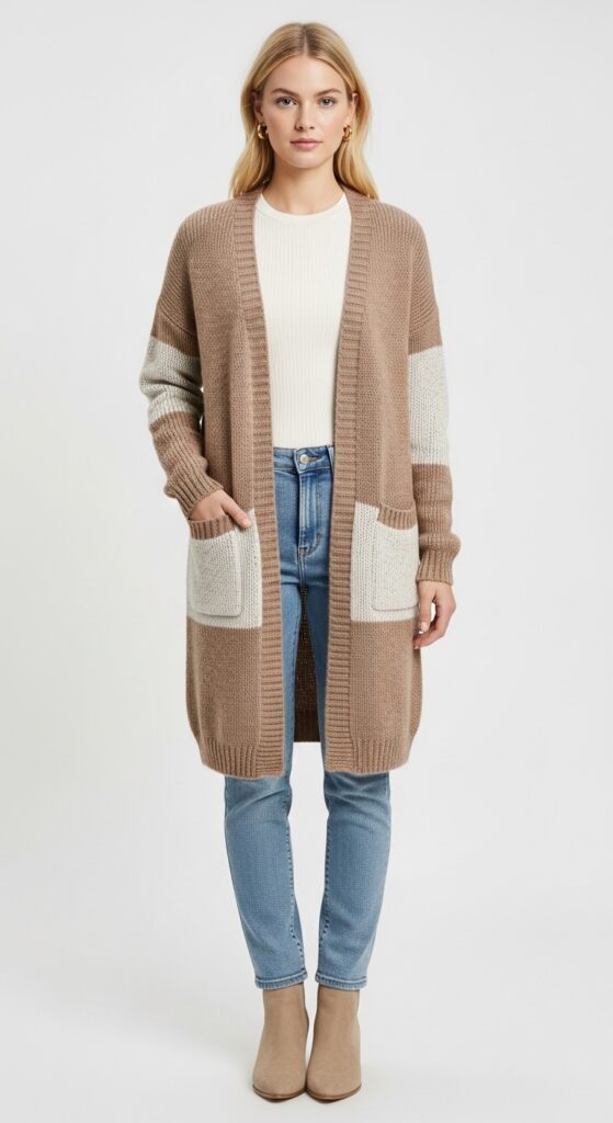 22 Chic Knitted Sweater Outfit Ideas You Need to Try 14 Longline Cardigan + Fitted Top + Light-Wash Jeans
