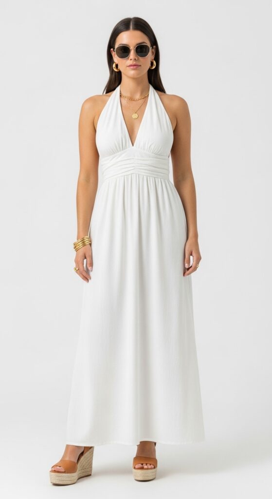 Marbella Glam White Halter Maxi Dress & Wedges