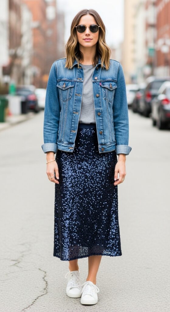 18 Stunning Sequin Skirt Outfits for U.S. Women in 2025 5 Market Stroll Denim Jacket & Navy Sequin Midi