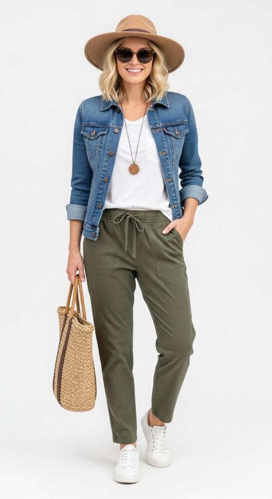 20 Green Pants Outfits to Elevate Your Style 5 Market Stroll Denim Jacket & Olive Green Drawstring Pants