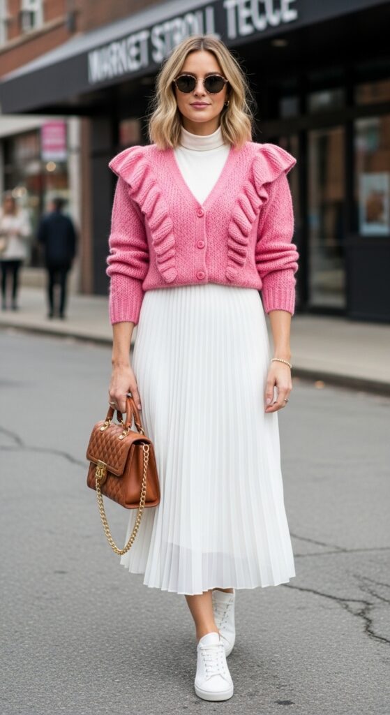 28 Pleated Skirt Outfits to Nail Effortless Chic 5 Market Stroll Pink Cardigan & White Pleated Midi