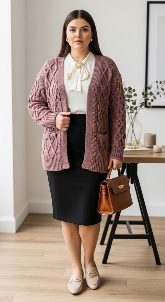 Mauve Cable Knit Cardigan and Skirt for Office Days