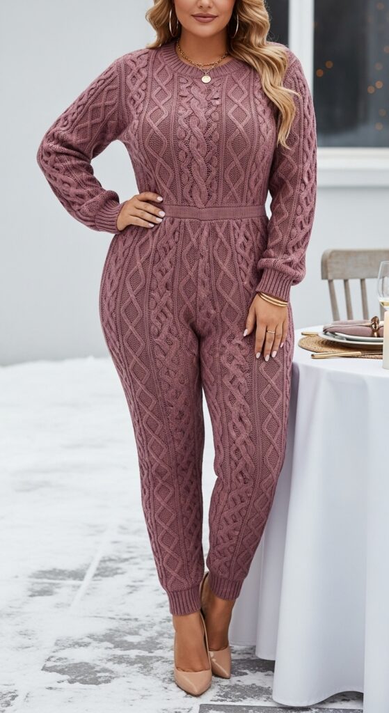 Mauve Cable Knit Jumpsuit for Winter Dates