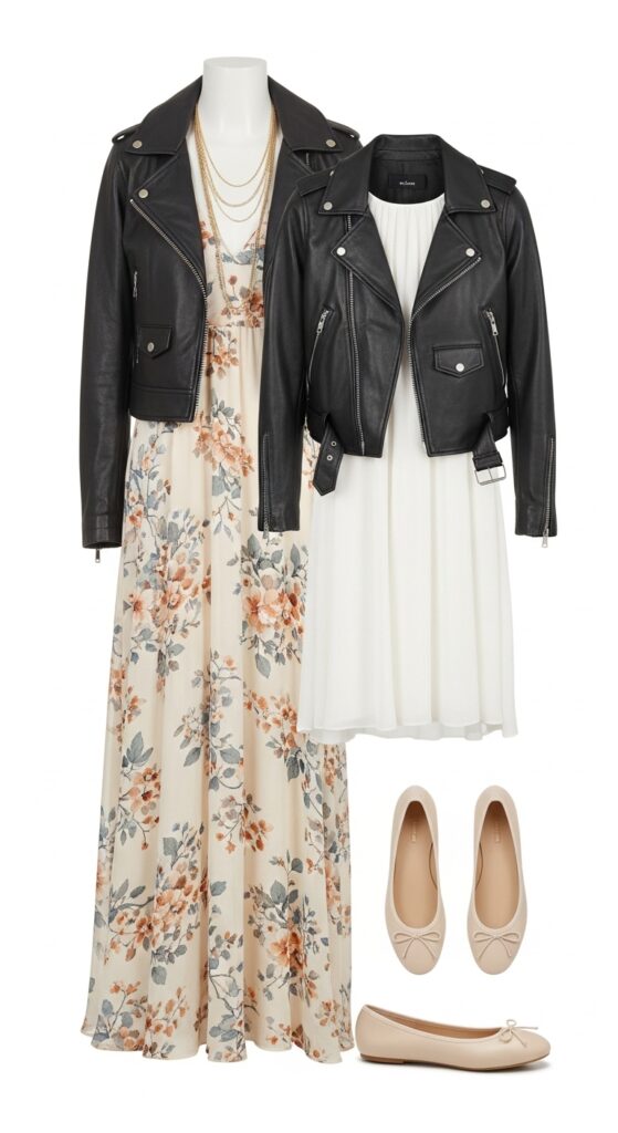 21 Feminine Ballet Flat Outfits for Classic and Modern Looks 18 Maxi Dress and Leather Jacket